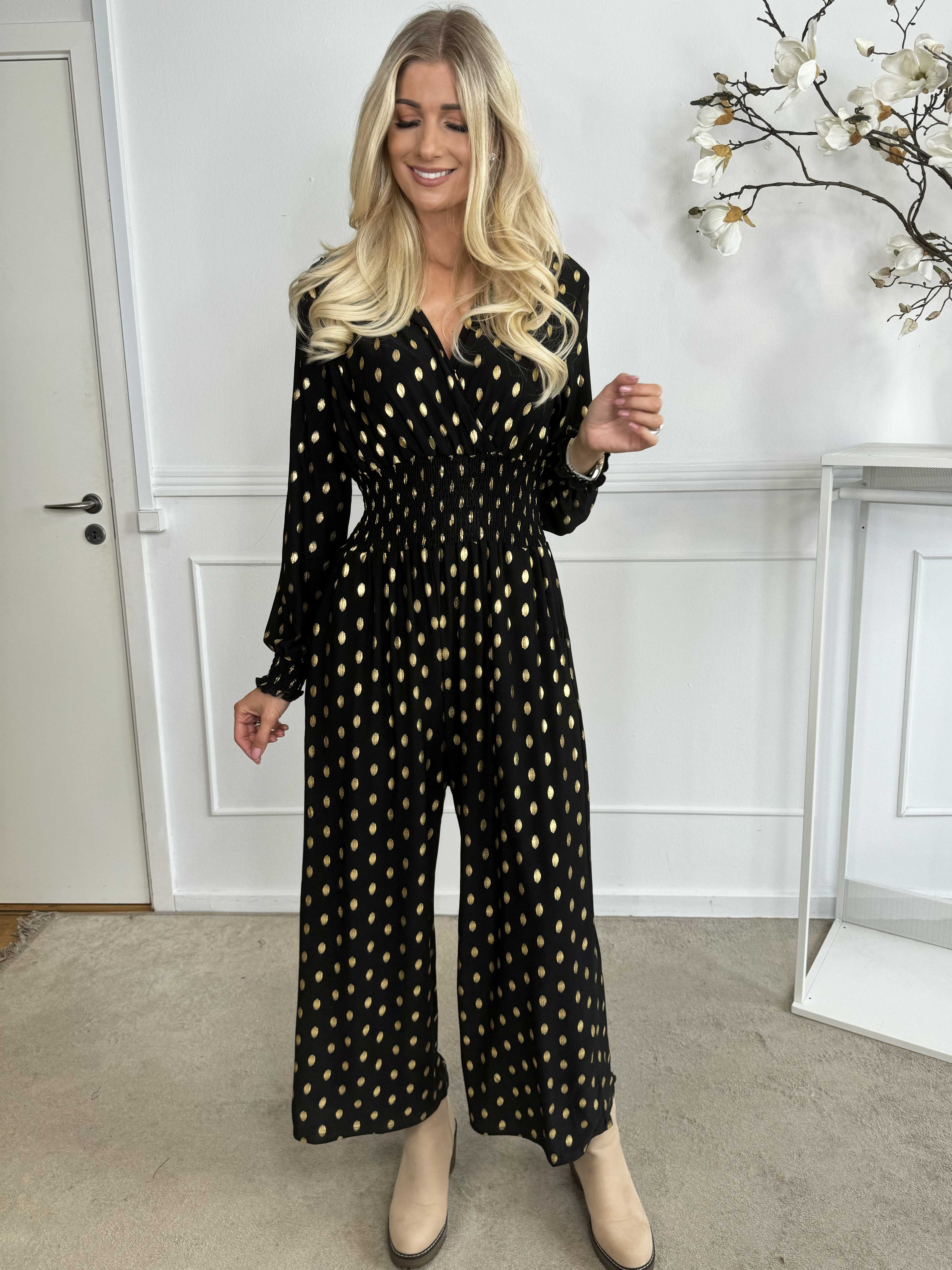 Pams Gold Dot Jumpsuit L/S - Buksedragt i elastisk stof med guld prikker
